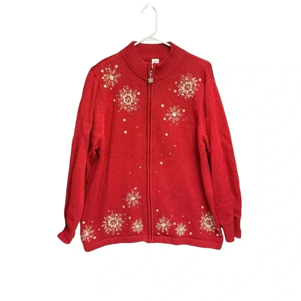 Christmas zip up sweater size 2X red with sequins snowflake themed